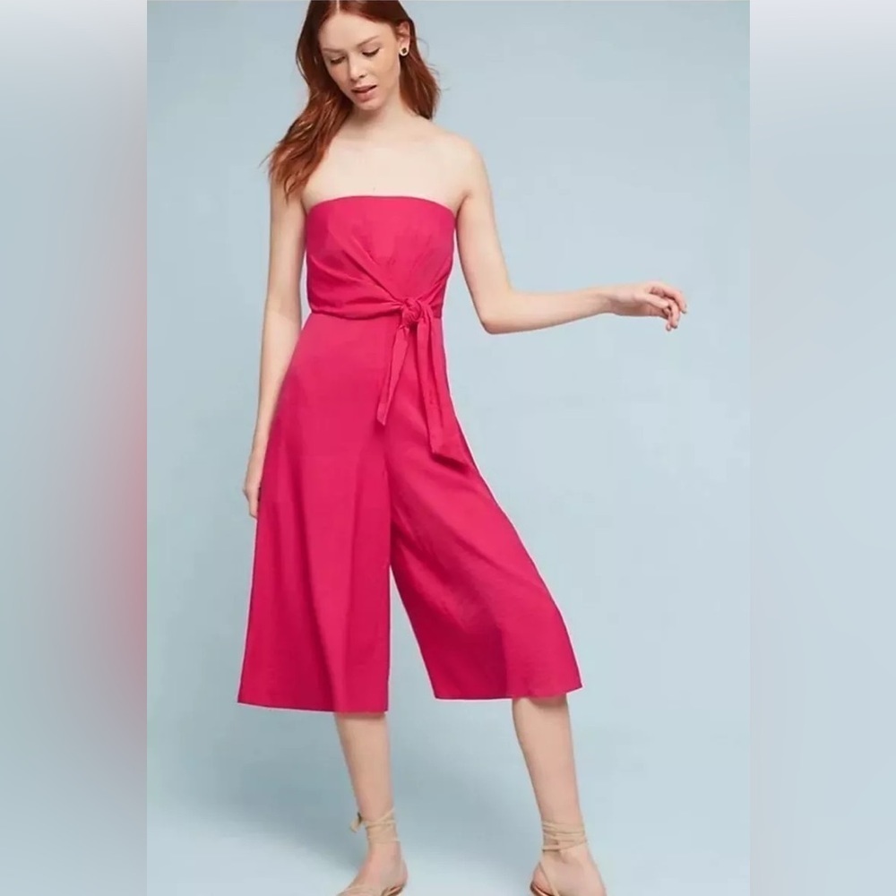 Anthropologie Maeve Strapless Cropped Wide Leg Pink Brin Jumpsuit NWT Size 0